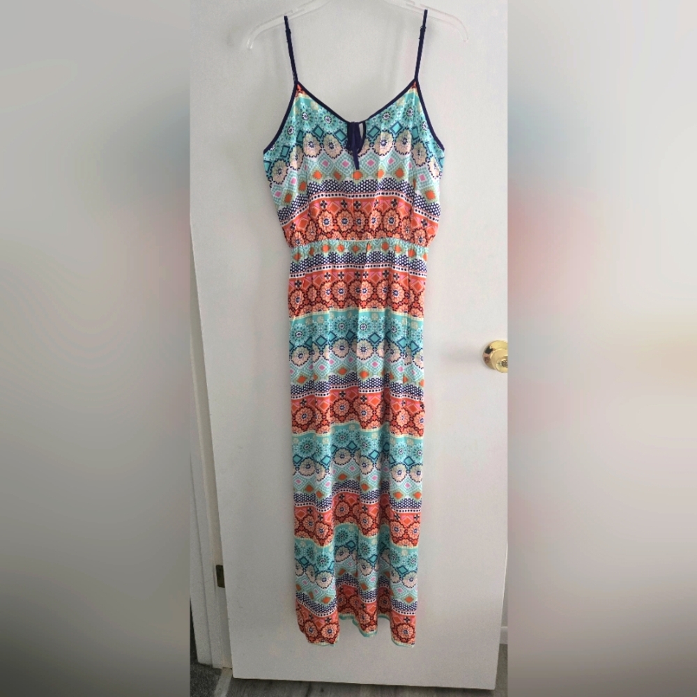 Timing Vibrant Blue and Orange Maxi Dress Size Large